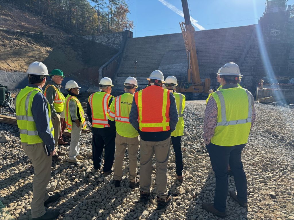 Experts visit the Lake Purdy Dam construction site November 5, 2025.